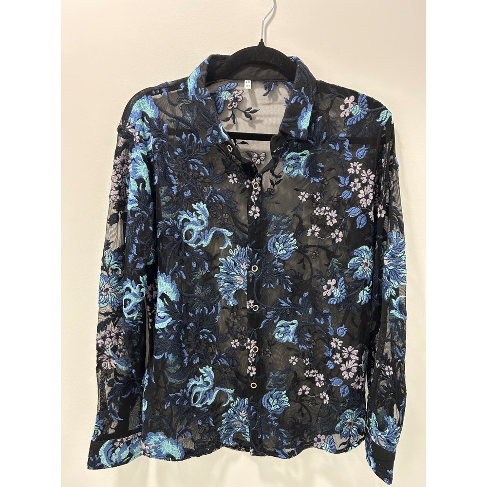 Sheer Black Mesh Floral Embroidered Button Down Shirt Blue Teal Top XL